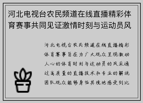 河北电视台农民频道在线直播精彩体育赛事共同见证激情时刻与运动员风采