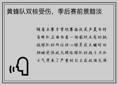 黄蜂队双核受伤，季后赛前景黯淡