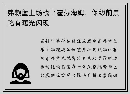 弗赖堡主场战平霍芬海姆，保级前景略有曙光闪现